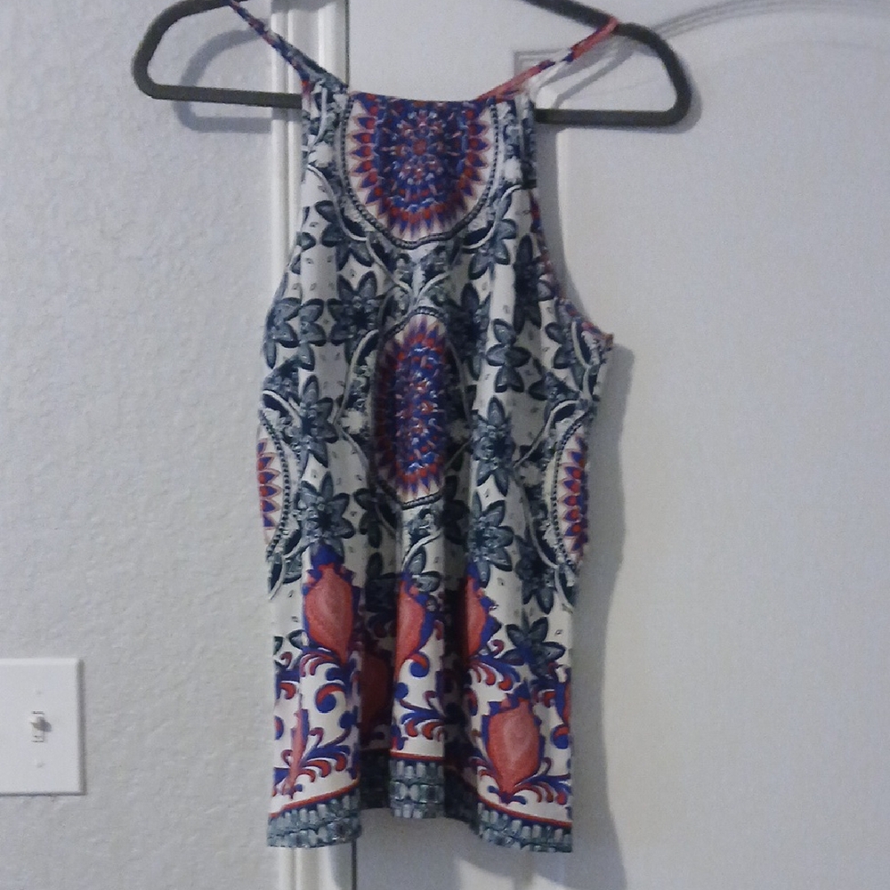 Red and Blue Sleeveless Tank Top with Paisley Pattern